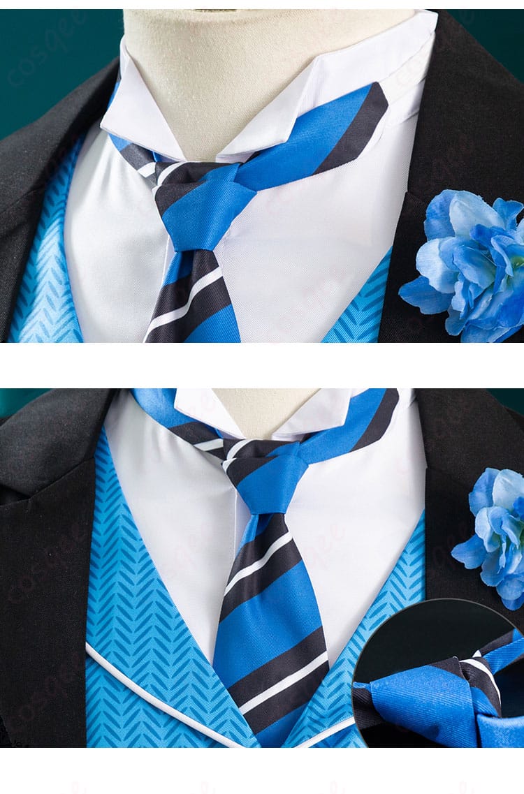 コスプレ衣装のネクタイ装飾の細部。高品質なネクタイが衣装の特徴を引き立てます。