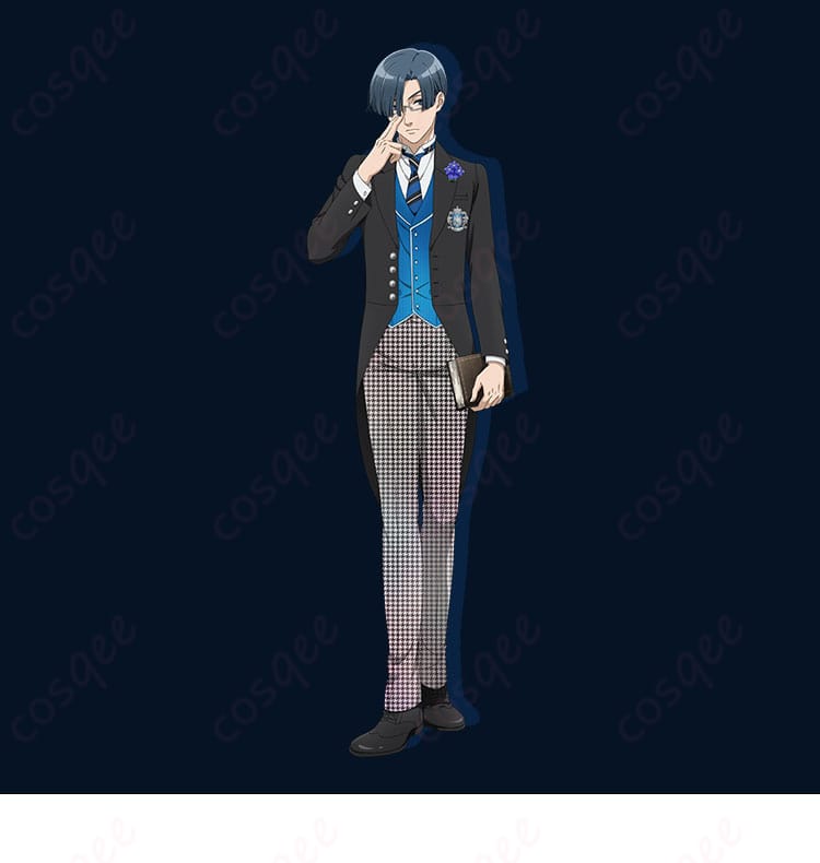 商品キャラクターのロレンス・ブルーアーのコスプレ衣装の全身画像。『黒執事』の忠実再現。