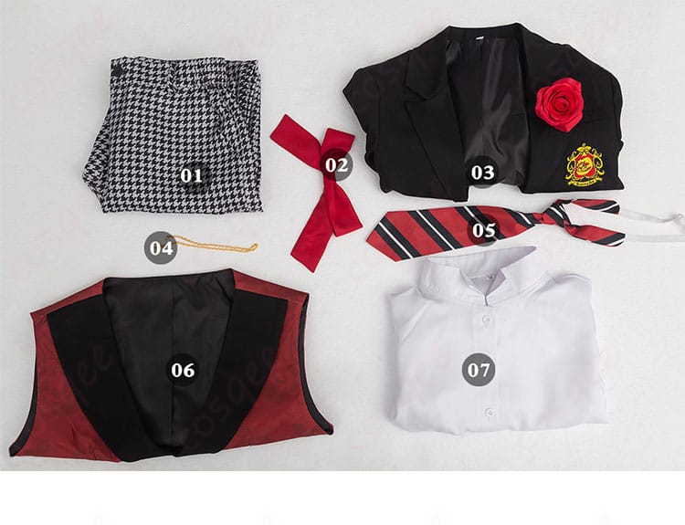 セット内容(コート、シャツ、ベスト、ズボン、ネクタイなど)の展示