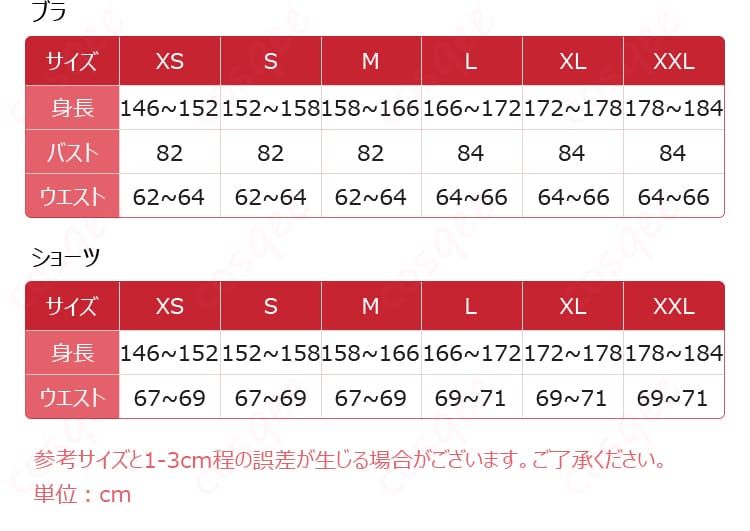 サイズと寸法データの展示 - ネロ・クラウディウス水着コスプレ衣装のサイズ詳細