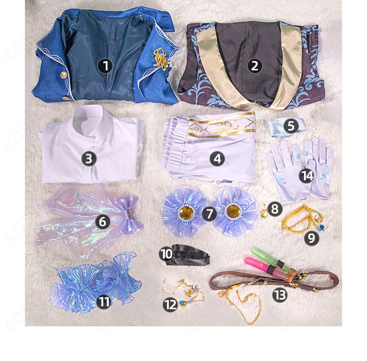 展示セット内容画像(コスプレ衣装セットに含まれるアイテムの全体画像。コート、ベスト、スカーフなどが揃っています。)