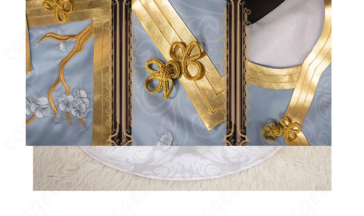 斜襟のデザインと衣服の門衣扣装飾部分の詳細。