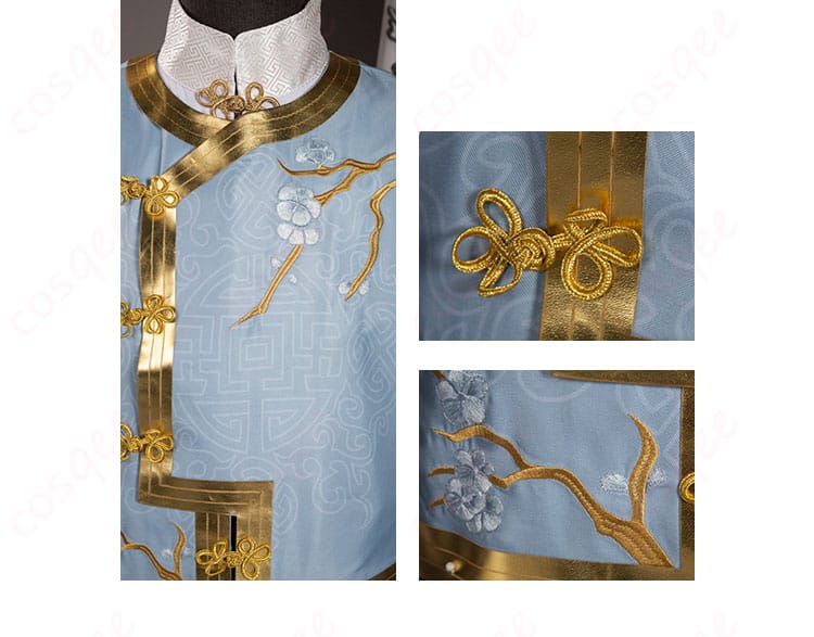 服の門襟の装飾と系扣の細部。