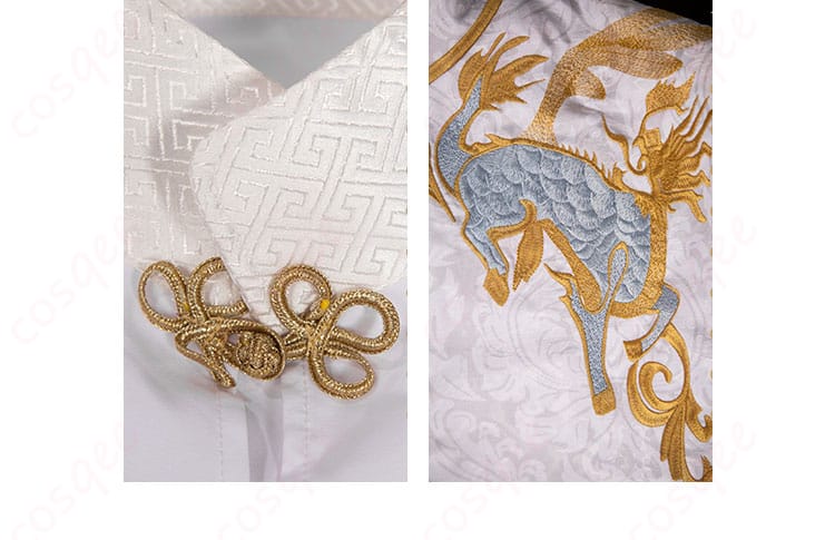 服の領口と肩の装飾、精緻なディテール。