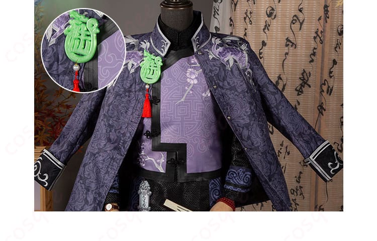 白黒無常コスプレ衣装の衣襟装飾。豪華なデザインと細かい仕上げが特徴的。