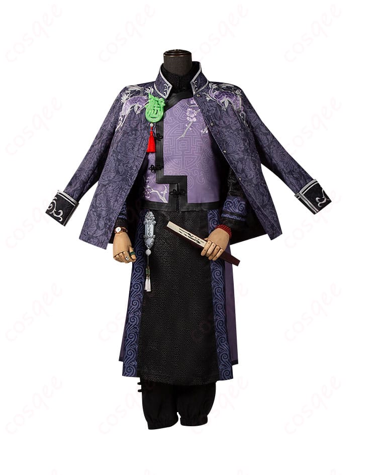 白黒無常コスプレ衣装の装飾細部。刺繍やブローチが忠実に再現されたデザイン。