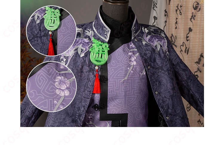 白黒無常コスプレ衣装の襟の装飾部分。細かな刺繍と装飾が美しい。