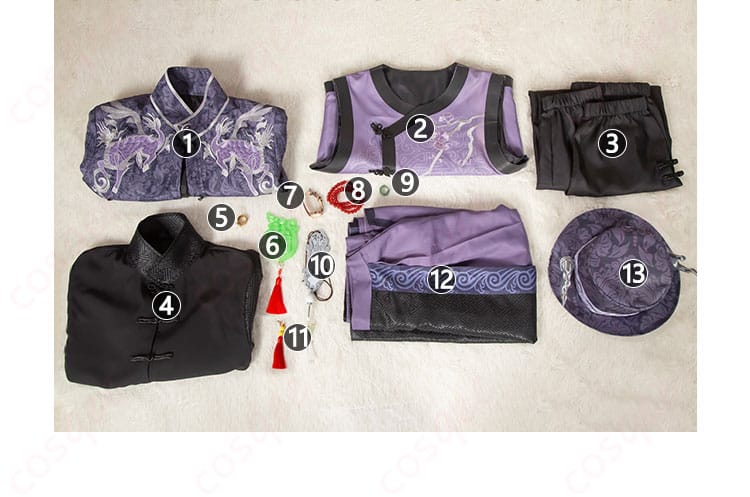 白黒無常コスプレ衣装のセット内容を紹介。すべてのアイテムを美しく配置。