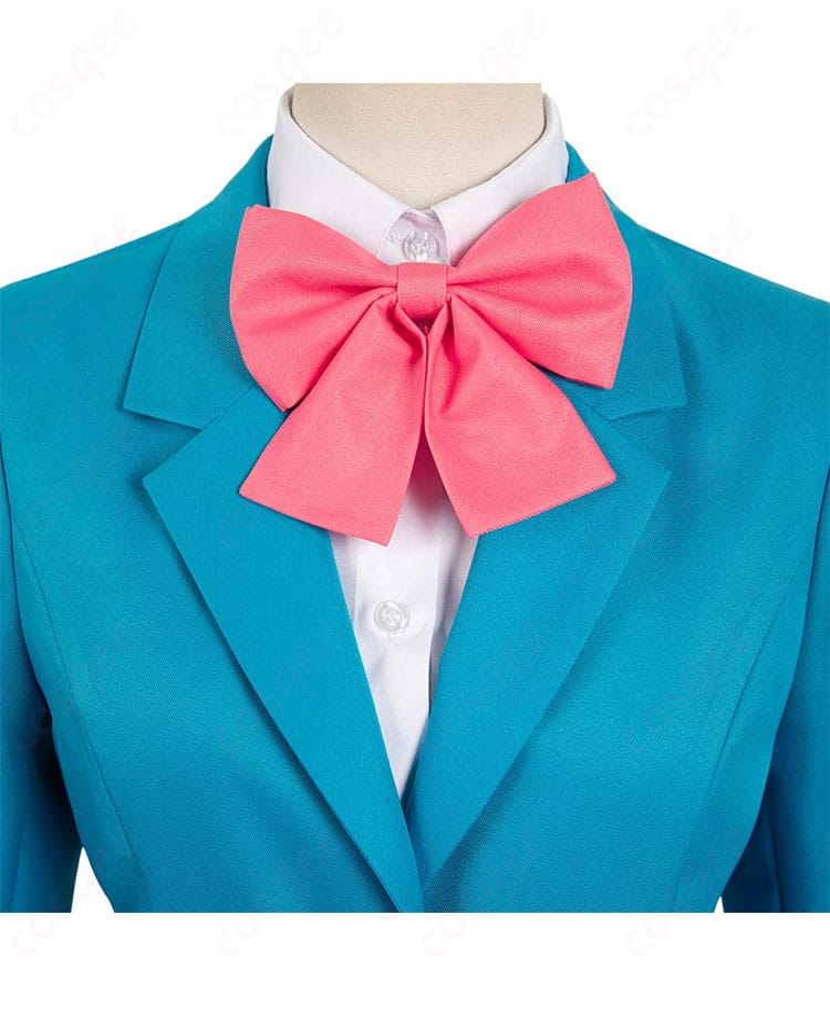 黒沼爽子のコスプレ衣装の粉色リボン装飾。可愛らしいアクセントが魅力。