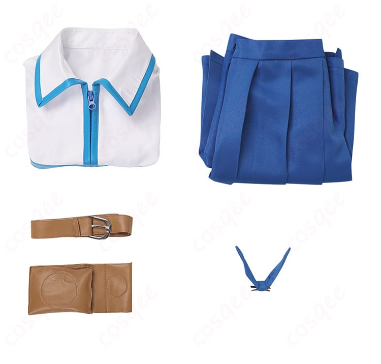 ルーシィ・ハートフィリア コスプレ衣装のセット内容。トップス、スカート、ベルト、ポーチ、髪飾りなど、全てのアイテムが揃っています。