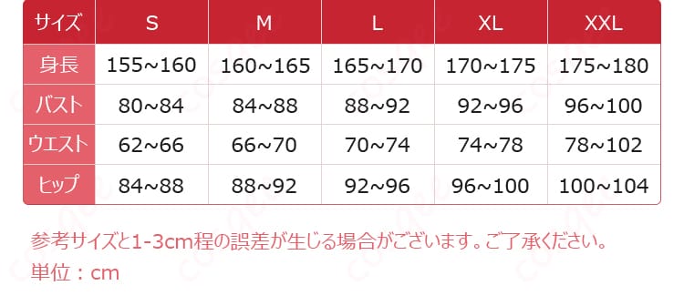 ねりコスプレ衣装のサイズと寸法を示す表、サイズ選びの参考に。