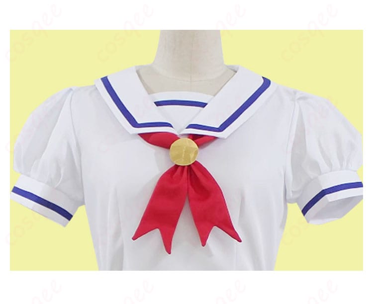 赤いリボンの装飾詳細。星宮いちごと霧矢あおいの制服にぴったりな鮮やかな赤いリボン。