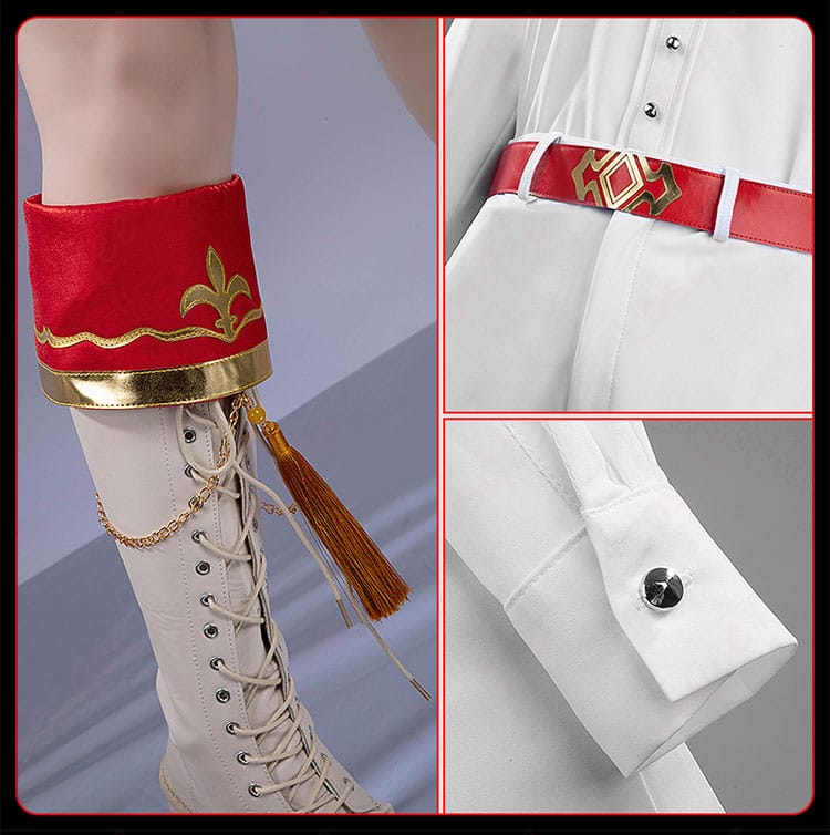 ブーツ、袖口、ベルトの装飾細部。アイテムに合わせた高級感。