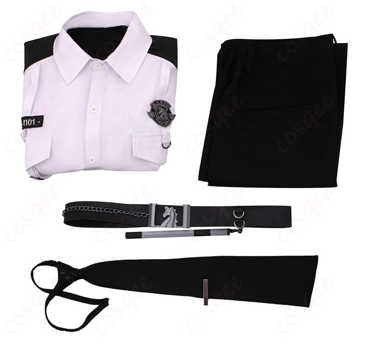 セイヤ コスプレ衣装のセット内容を展示した画像。シャツ、ズボン、ネクタイ、ベルトが含まれています。
