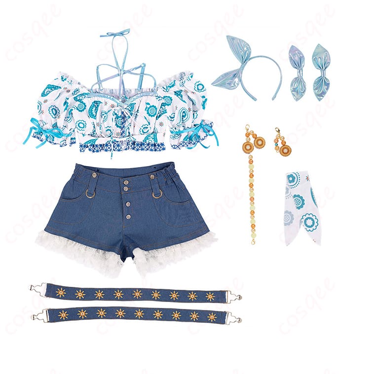 日野下花帆・乙宗梢 コスプレ衣装のセット内容を表示。トップス、ショートパンツ、アクセサリーなどを含む。