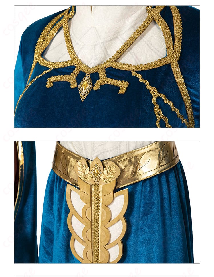 ゼルダ姫コスプレ衣装の精細な领口と腰部の装飾。細部までのクオリティにこだわり。