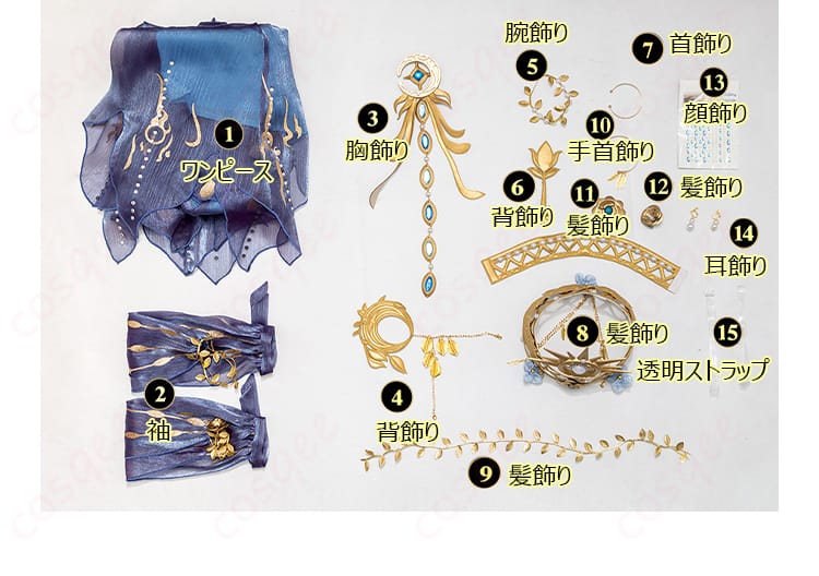 セット内容の展示、漁師(グレイス)コスプレ衣装の全アイテム