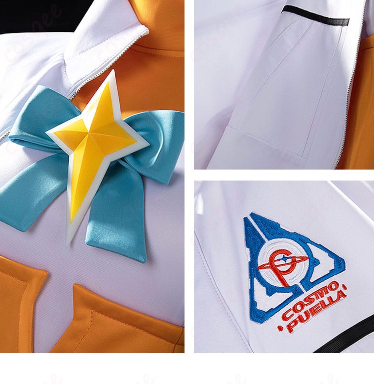 ネオユニヴァース コスプレ衣装の領結と胸前のアイコン装飾。細部まで丁寧に仕上げられたデザインが目を引きます。