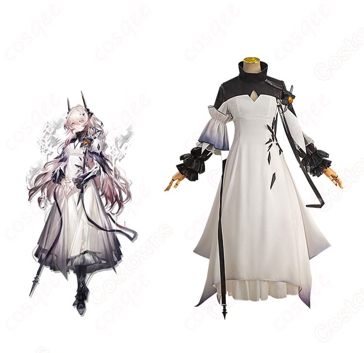 アークナイツ テレジア コスプレ衣装の正面とキャラクターとのコラボ画像。忠実再現されたデザインで、コスプレイベントや撮影に最適。