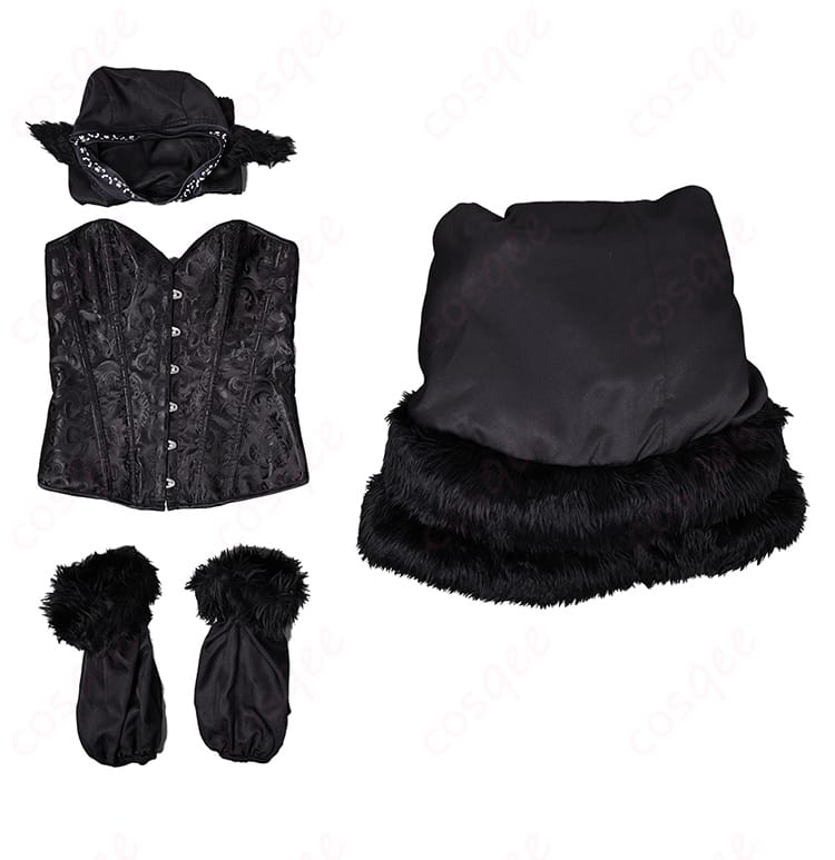 ダンジョン飯 マルシル・ドナトー ハロウィン コスプレ衣装 セット内容の展示 - 頭飾り、ビスチェ、スカート、袖がセット