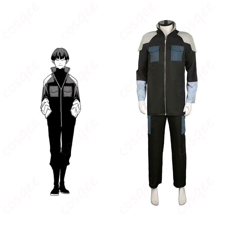 怪獣8号 保科宗四郎 コスプレ衣装 正面とキャラクターの写真。キャラクターの特徴的な装いを忠実に再現したコスプレ衣装です。