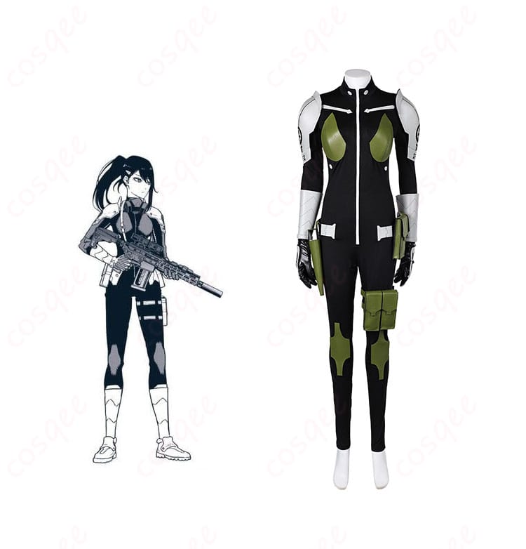 亜白ミナ コスプレ衣装とキャラクターの融合イメージ。怪獣8号の戦闘服、ジャンプスーツと肩鎧のデザインが特徴的です。