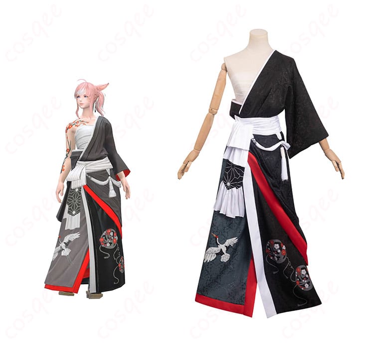 FF14 夜鶴胴着 コスプレ衣装 着物とキャラクターの正面合わせ画像。コスプレ衣装の美しいディテールがよくわかる。