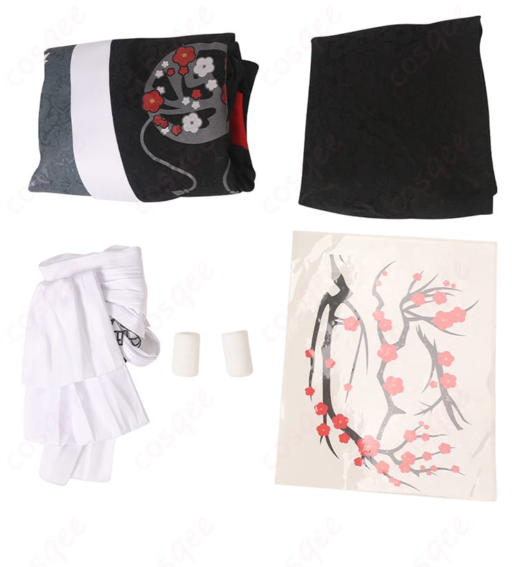 FF14 夜鶴胴着 コスプレ衣装のセット内容展示。トップス、スカート、帯など、すべてが含まれています。