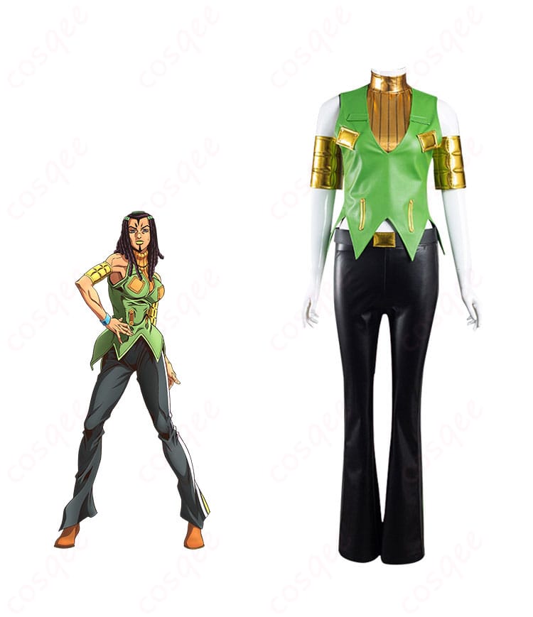 ジョジョの奇妙な冒険 ストーンオーシャン エルメェス・コステロ コスプレ衣装 正面とキャラクターのコラボ画像