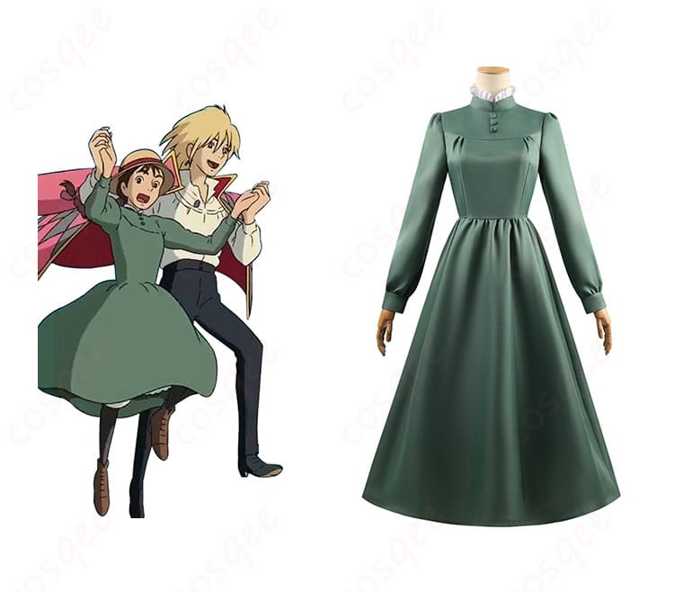 ハウルの動く城 ソフィー・ハッター コスプレ衣装 正面とキャラクターの組み合わせ、緑ワンピースの魅力が際立つ