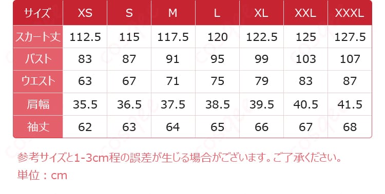 ハウルの動く城 ソフィー・ハッター コスプレ衣装 サイズと寸法の対応データ画像、サイズ選びの参考になる