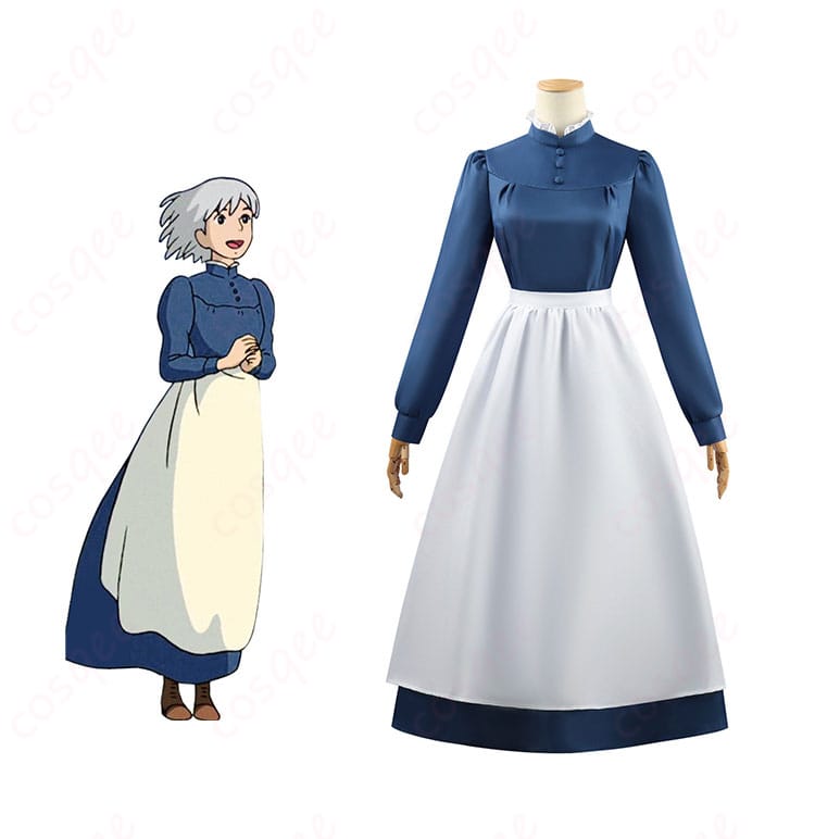 「ハウルの動く城 ソフィー・ハッター コスプレ衣装 青ワンピースとキャラクターソフィー・ハッターのイメージが一体化した写真。忠実再現のデザインで、映画の世界が広がります。」