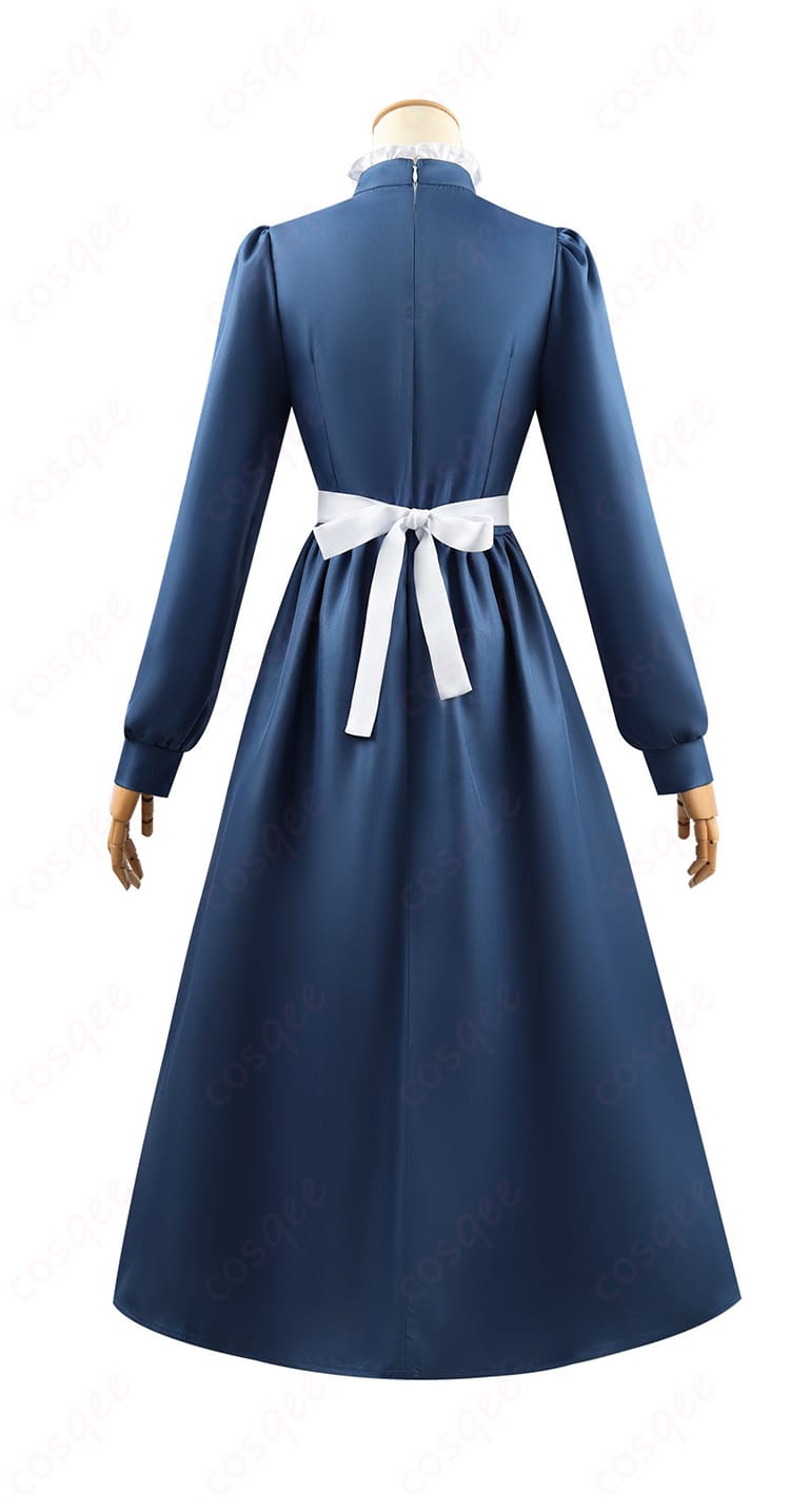 「ハウルの動く城 ソフィー・ハッター コスプレ衣装 青ワンピースの背面画像。エレガントなデザインが特徴で、360度どこから見ても美しい。」