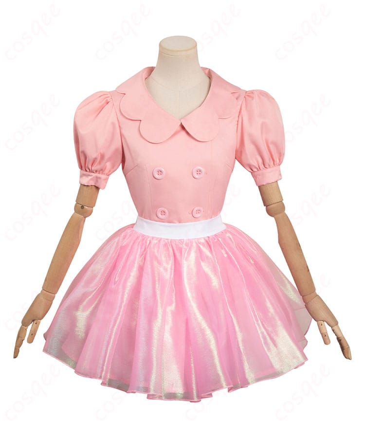 バービー コスプレ衣装 正面図。トップスとスカート、髪飾り、帽子を含むコスプレセットの全体像。