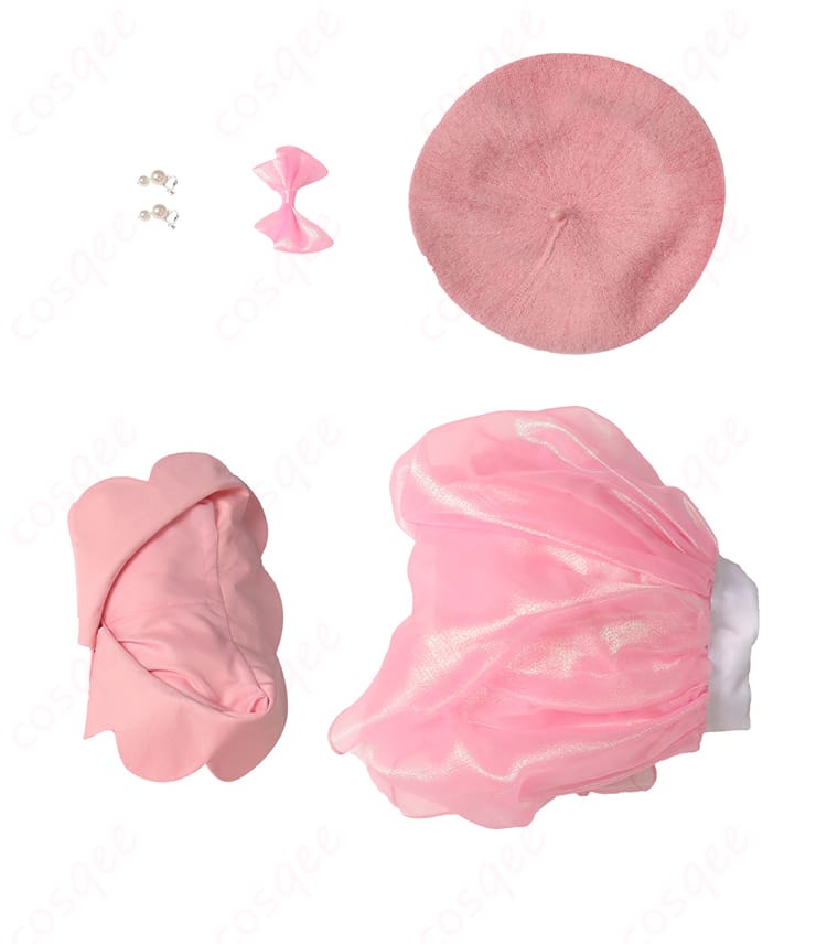 バービー コスプレ衣装 セット内容の全体画像。トップス、スカート、髪飾り、帽子、耳飾りが揃ったコスプレセット。