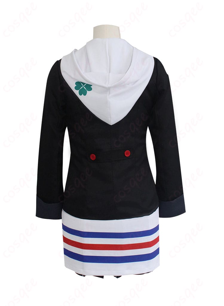 コスプレ衣装の背面デザイン、制服の後ろのラインと装飾が鮮明に見える画像。