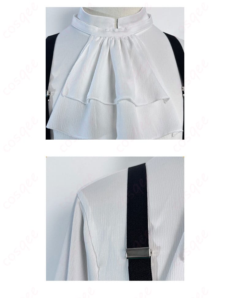 蜂楽廻 コスプレ衣装の領巾とサスペンダーの装飾。天使と悪魔のテーマを反映したデザイン。