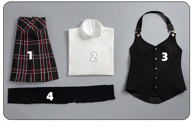 ペルソナ5 新島真 コスプレ衣装 セット内容の展示。スカート、インナー、ベスト、靴下が含まれます。
