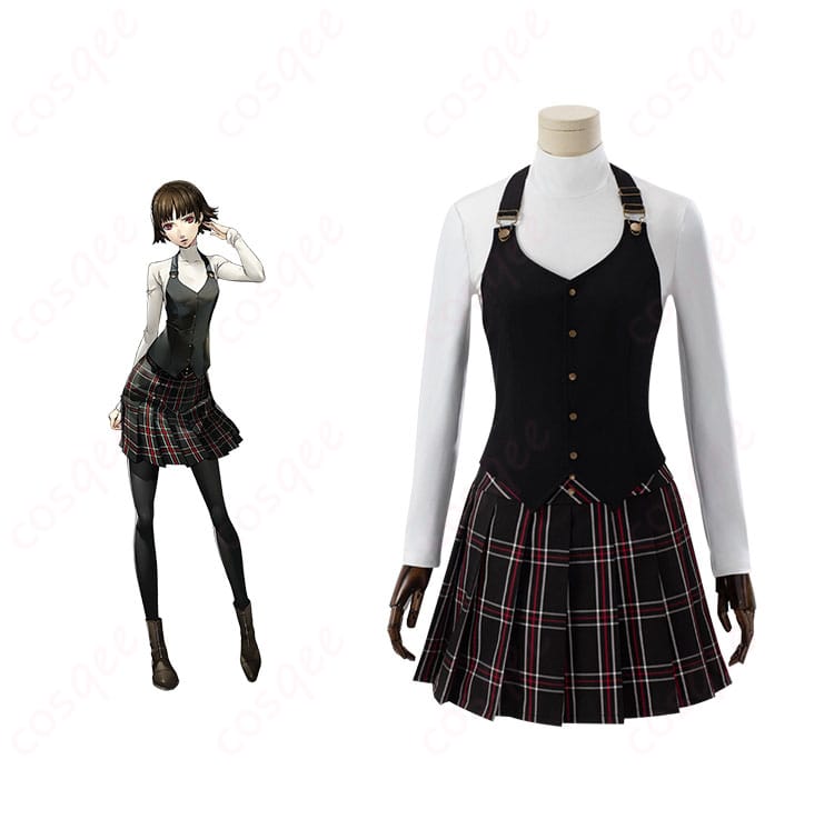 ペルソナ5 新島真 コスプレ衣装 正面とキャラクター画像。リアルな再現でファン必見!