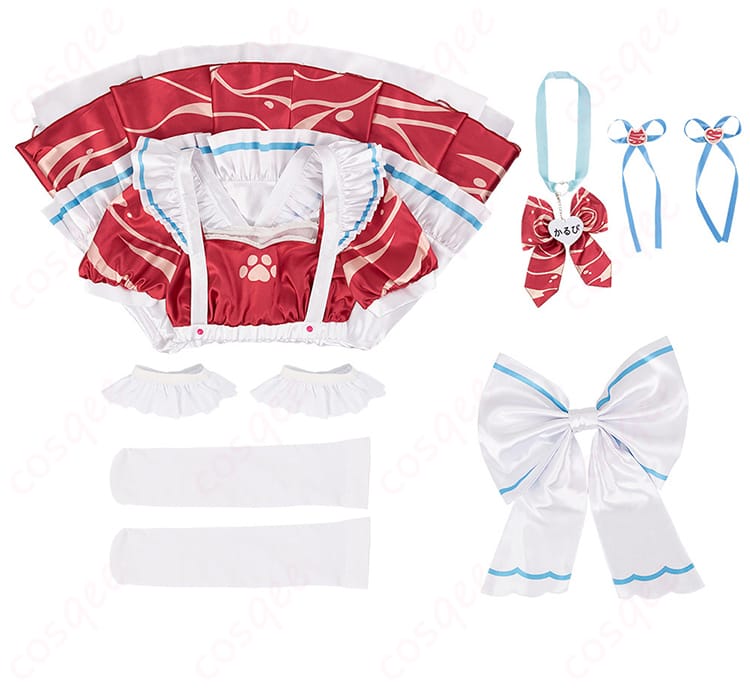 赤見かるび メイド服のセット内容を展示した画像。ワンピース、髪飾り、首飾りなど、全てのアイテムが見やすく示されています。