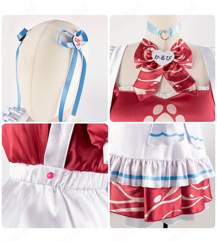 赤見かるび コスプレ衣装の発飾り、首元のリボン、スカートの装飾ディテール。可愛らしいアクセントが追加されています。