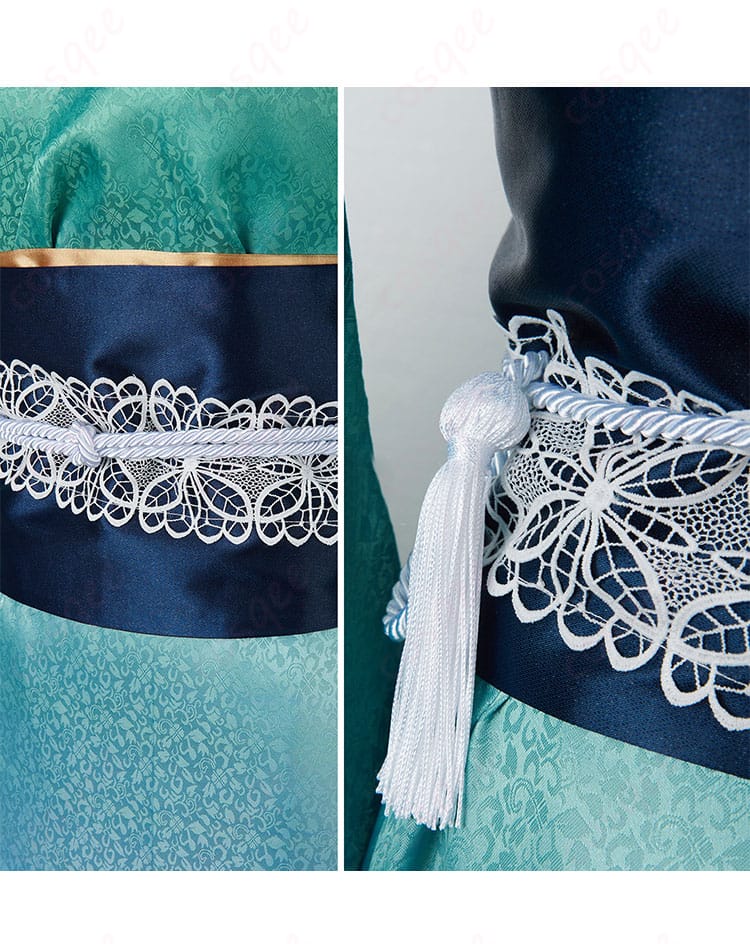 腰間の系绳装飾の詳細|和服コスプレ衣装の美しい腰紐の装飾をクローズアップ。