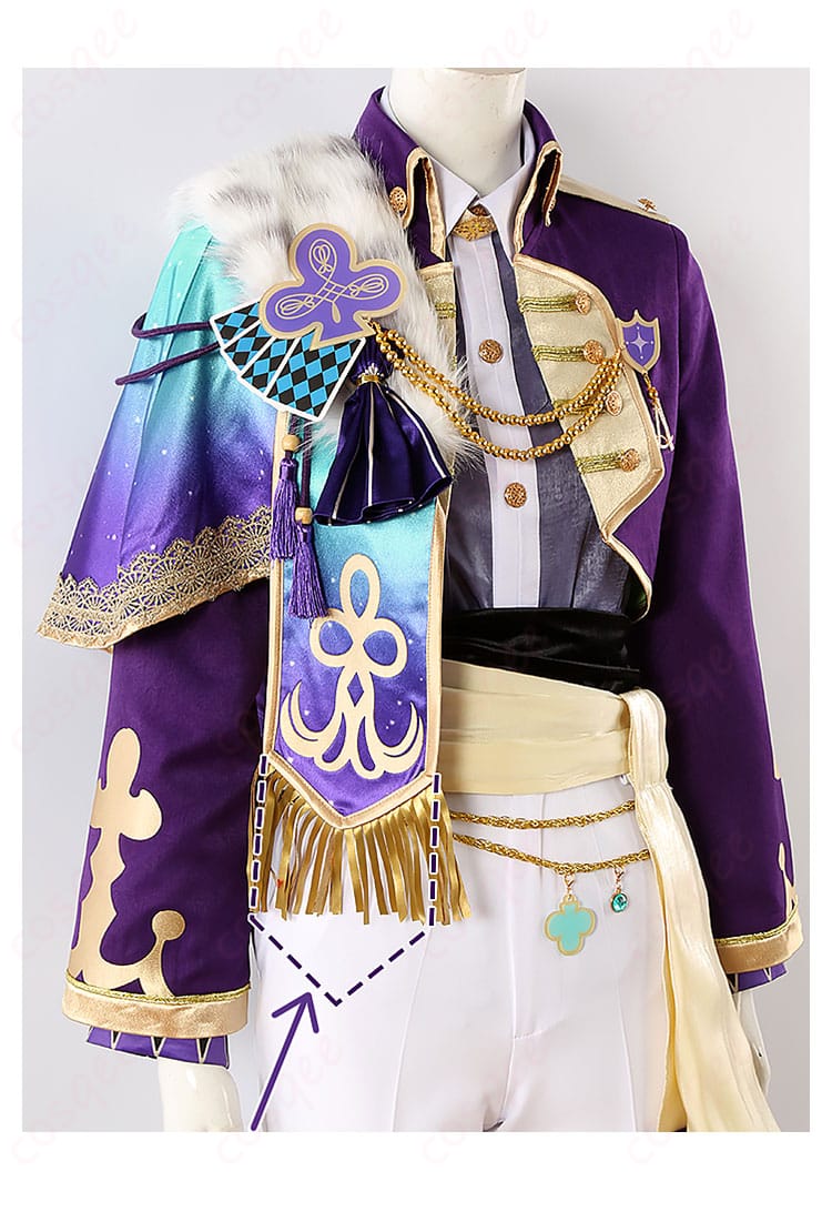 神代類 コスプレ衣装 細部装飾。精巧な刺繍や金属装飾が施された衣装のディテール。プロジェクトセカイの美しいデザインが際立っています。