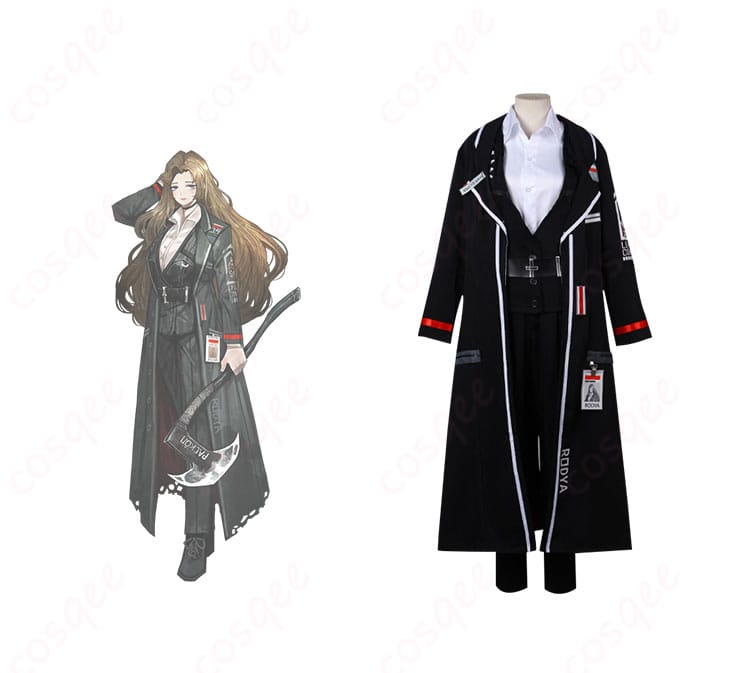 Limbus Company ロージャのコスプレ衣装の正面とキャラクターを組み合わせた画像。リアルなデザインが忠実に再現されています。