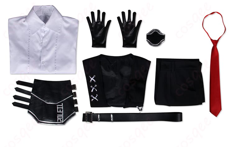 セット内容展示画像、ムルソーコスプレ衣装の全てのアイテムを表示。オーダーメイドにも対応しています。