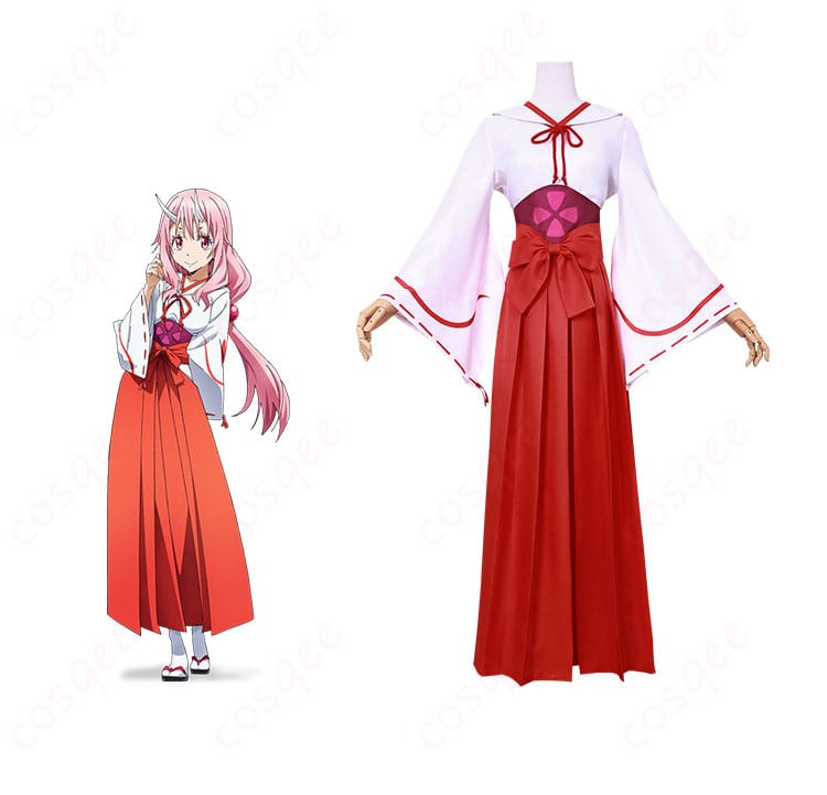 転生したらスライムだった件 シュナ コスプレ衣装 正面とキャラクターのコラボ画像。リアルな再現度で魅力的なシュナの衣装をご覧ください。