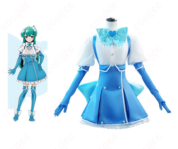 商品正面とキャラクターの組み合わせ画像 - 水神小夜(マジアアズール)のコスプレ衣装の全体像。詳細なデザインと色合いをご覧ください。