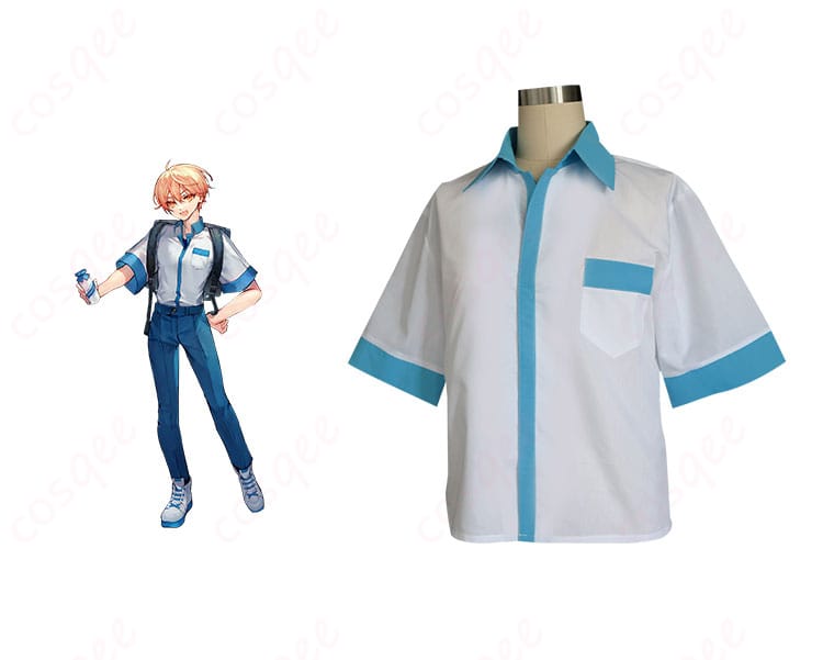 プロジェクトセカイ カラフルステージ! feat. 初音ミク×ローソン 天馬司 コスプレ衣装 正面とキャラクターとの組み合わせ画像。オーダーメイド対応の高い再現度。