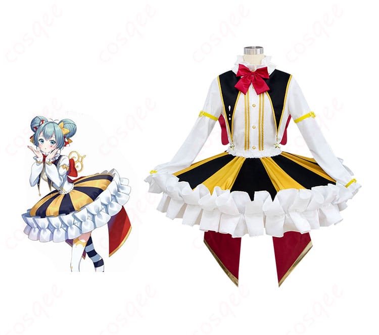 商品正面と初音ミクのキャラクターが一緒に写ったコスプレ衣装の全体像