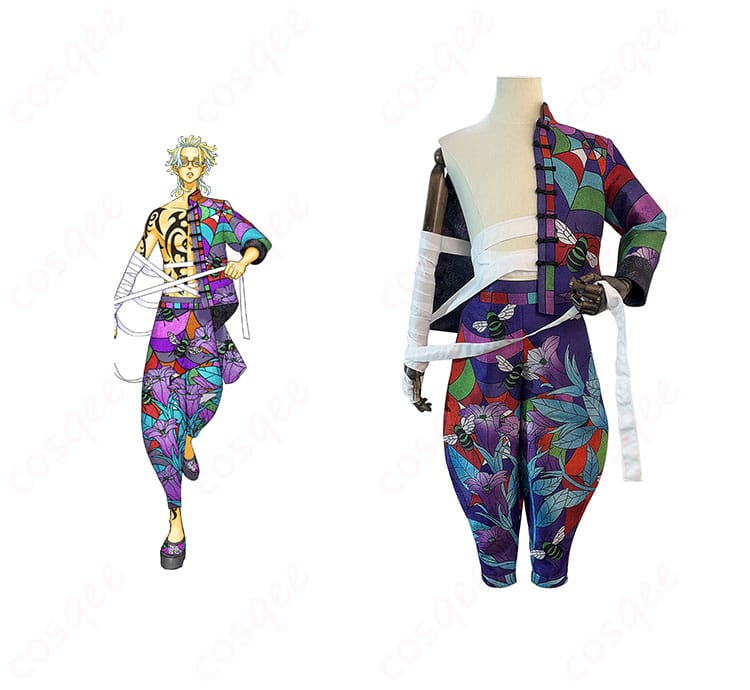 東京卍リベンジャーズ 灰谷竜胆 コスプレ衣装 正面図。キャラクターとの組み合わせで、忠実に再現された衣装が映える。